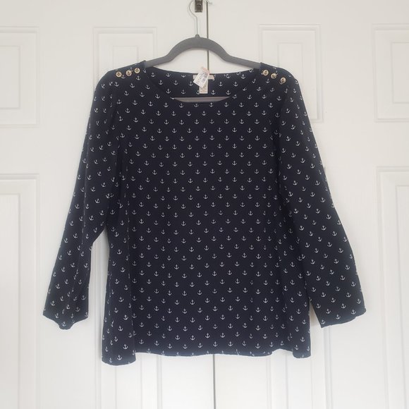 J Crew 100% Silk Nautical Blouse - Size 12 - Navy w/ Anchor Print - Picture 2 of 13
